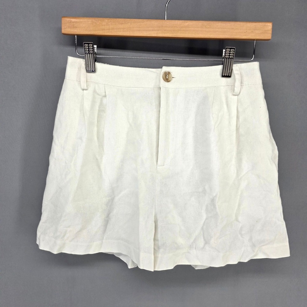 The Workshop Shorts Women S White Rayon Linen Blend High Waist Pleated TW1728-B2